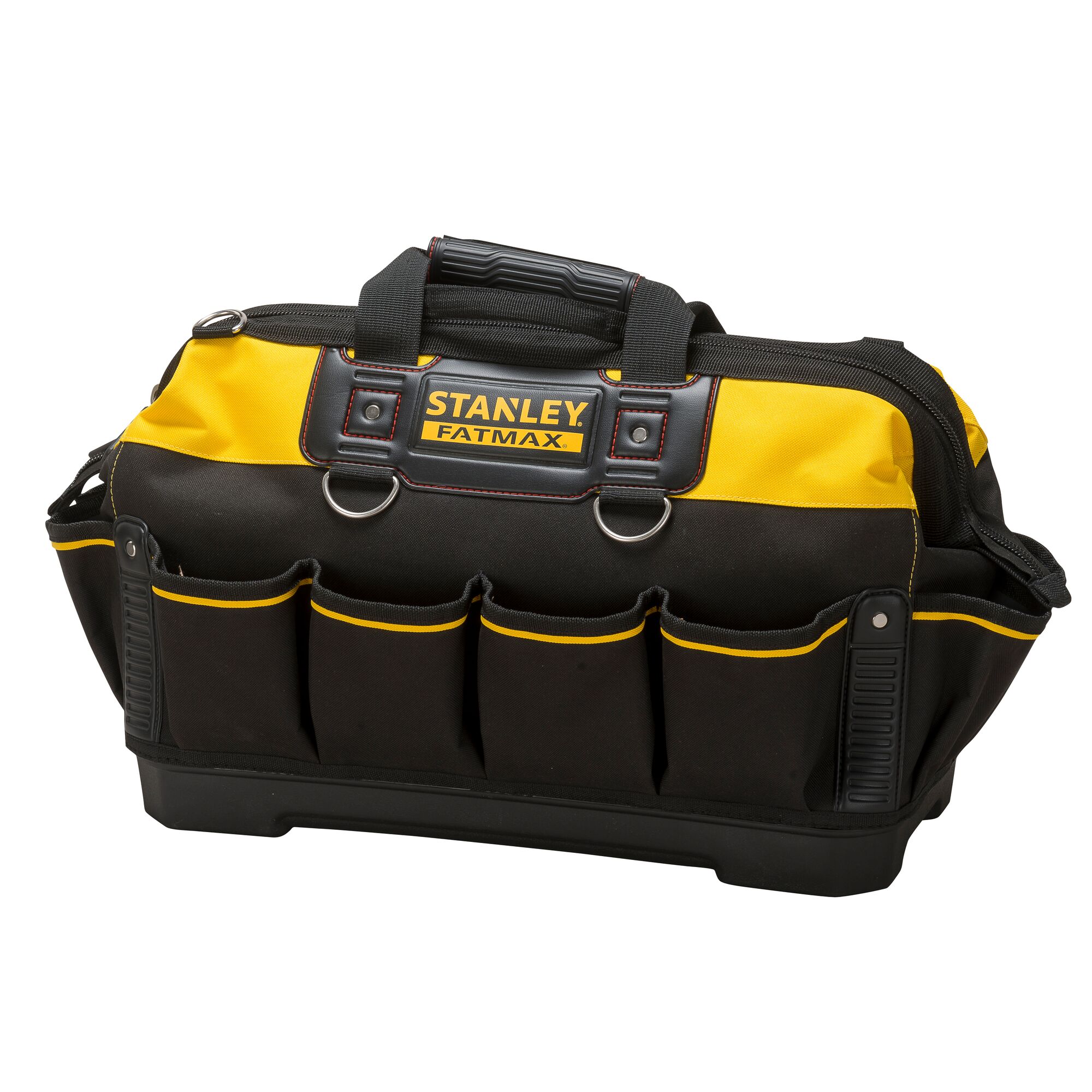 Sac à outils Stanley Fatmax noir et jaune, avec poches frontales multiples et poignée robuste.